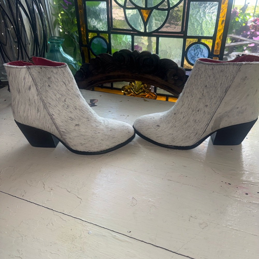 Alcala’s White Haircalf Ankle Boots  with Low Block Heel